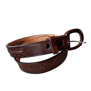 Vintage Leather Belt Size Medium Woven Tooled Waist Buckle Adjustable Brown